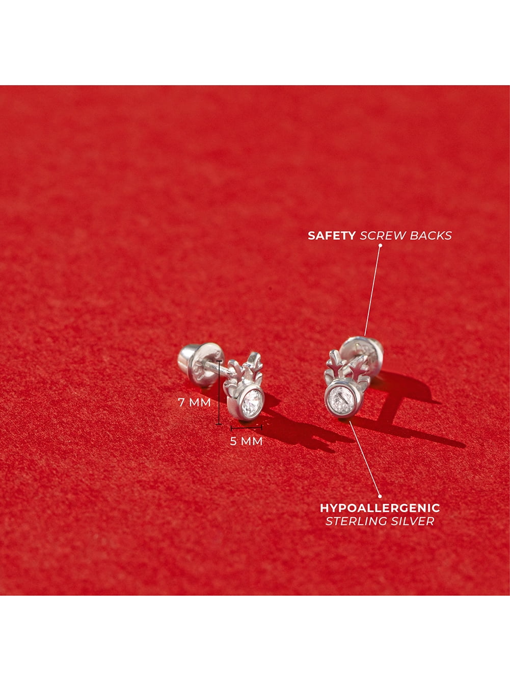 Holiday Reindeer Kids / Children's / Girls Earrings Screw Back - Sterling Silver