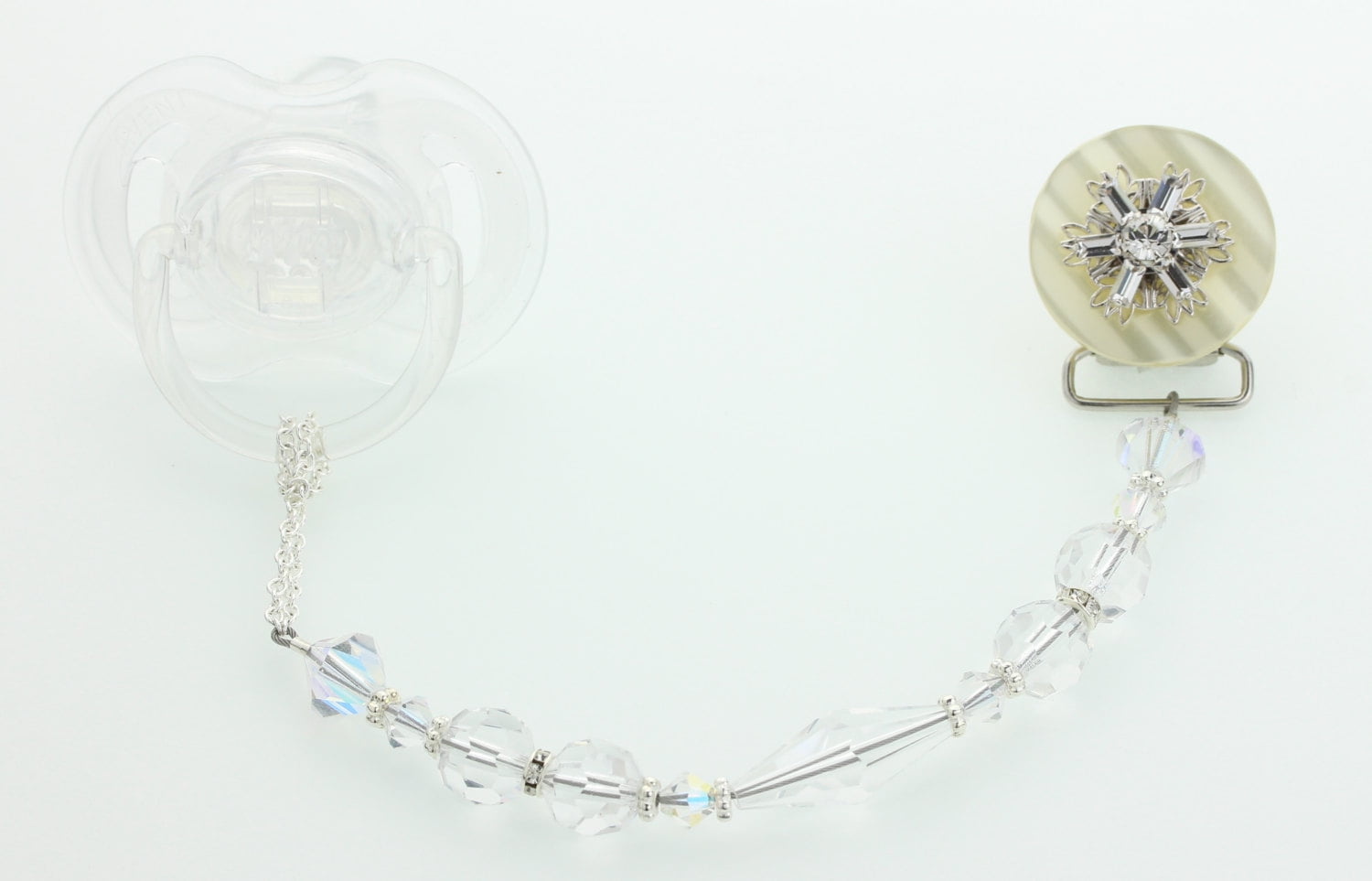 Clear Swarovski Filigree Pacifier Clip with Swarovski Crystal Beads