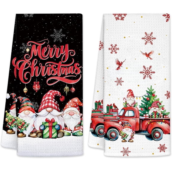 Christmas Kitchen Towels, Christmas Gnome Dish Towel Gifts, Tree Truck Santa Claus Hand Towels for Kitchen, Gnome Christmas Decorations, 2 Pack Dish Towels for Xmas Home Gift Winter 26x18