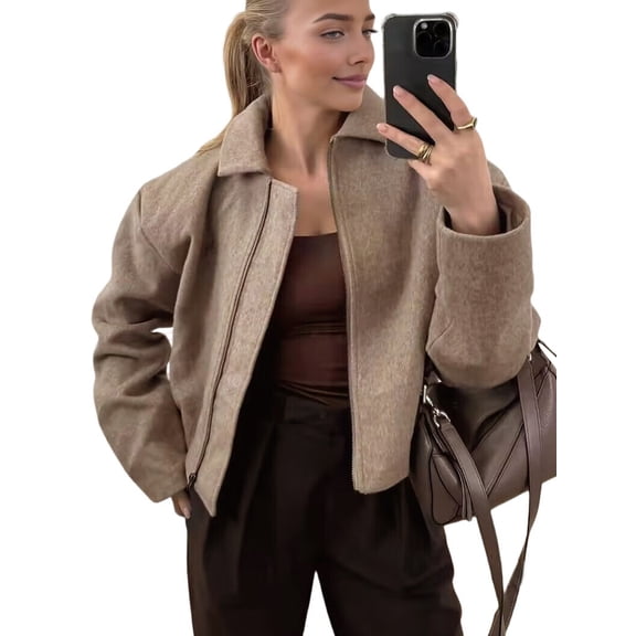 Womens Cropped Wool Jacket Warm Winter Fleece Jacket Zip Up Short Coats Light Brown S