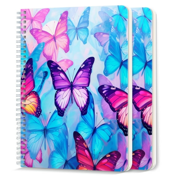 Spiral Notebook,College Ruled Journal,8.26" x 5.71" 50 Sheets/100 Pages,2 Pack - Colorful Background With Vibrant Butterflies in Pink