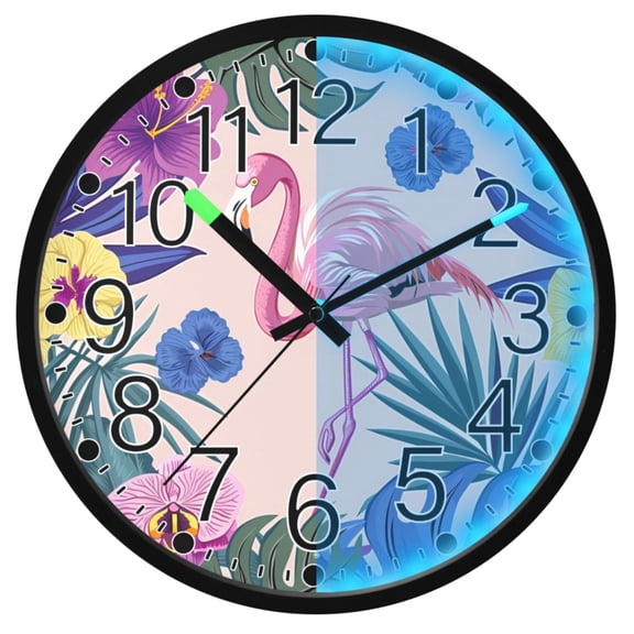 Ryvnso Flamingo Lily Flowers Leave 12 Inch Night Light Wall Clock Silent Battery Operated Luminous Clocks