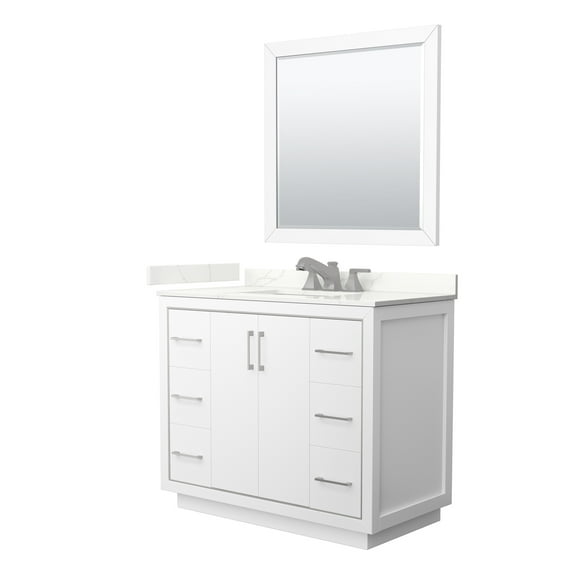HomeStock Beachy Beauty 42 Inch Single Bathroom Vanity in White, Giotto Quartz Countertop, Undermount Square Sink (3-Hole), Brushed Nickel Trim, 34 Inch Mirror