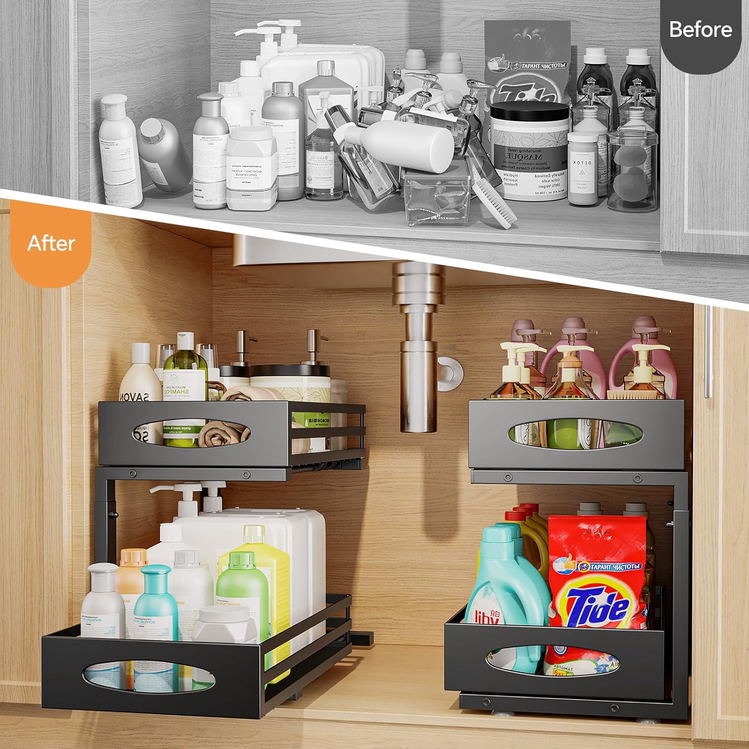 Under Sink Organizer, 2 Tier Organizers and Storage, Adjustable Height, Slide out Metal Cabinet Organizers, Pull Storage Drawer Shelf for Kitchen Bathroom (Black, 1 Pack)
