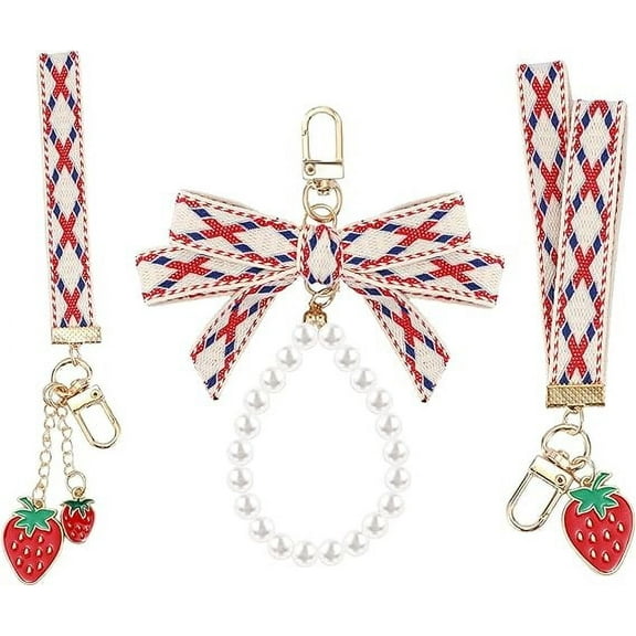 2Pcs Cute Lily Sakura Flower Keychains Wristlet for Women, Pearl Key Chains for Car Keys Bow Keychain Accessories