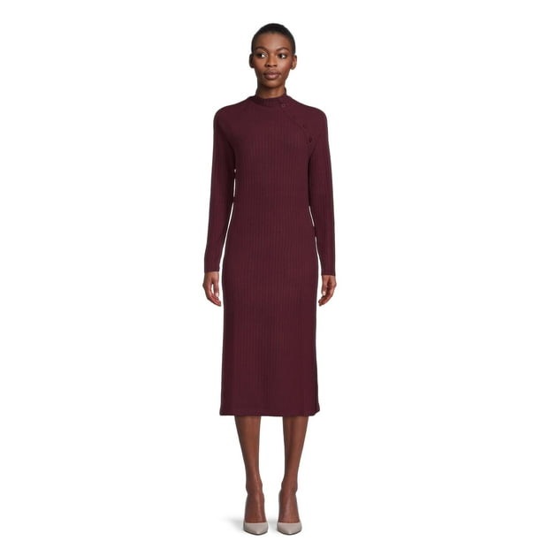 Time and Tru Women's Rib Knit Dress with Long Sleeves