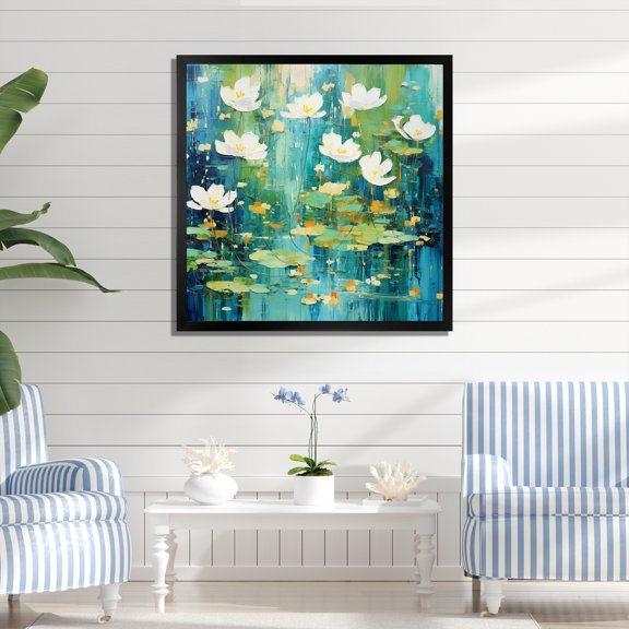 Designart "Floral Tide Pools in Green Peace" Coastal Framed Wall Art Decor - Coastal Green Coastal Minimalism Hallway Framed Wall Art Decor