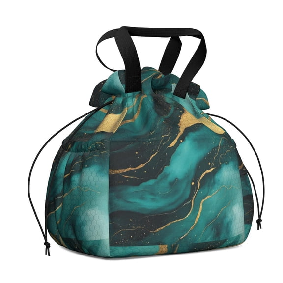 Teal Gold Marble Drawstring Lunch Bag Women - Drawstring Lunch Bag Insulated for Work Office - Stain-Resistant Large Lunchbags for Women with Multi-Pockets