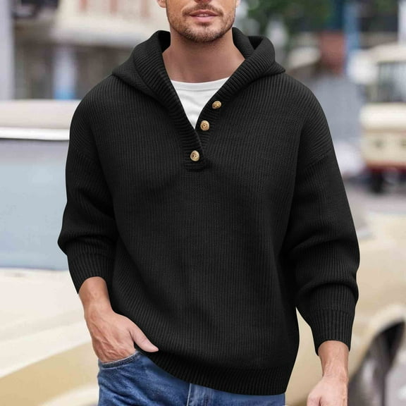 DPTALR Men's Knitted Casual Loose Elastic Pullover Long Sleeve Button V-Neck Hooded Sweater,Black,XXXL