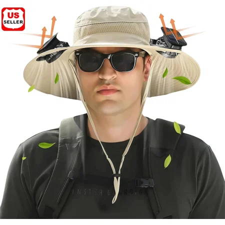 LINKPAL Solar Fan Hat Wide Brim Sun Hat with 2 Solar Fan Fishing Hat with Fan for Men 3 Speed Adjustable Hat with Solar Fans Built in