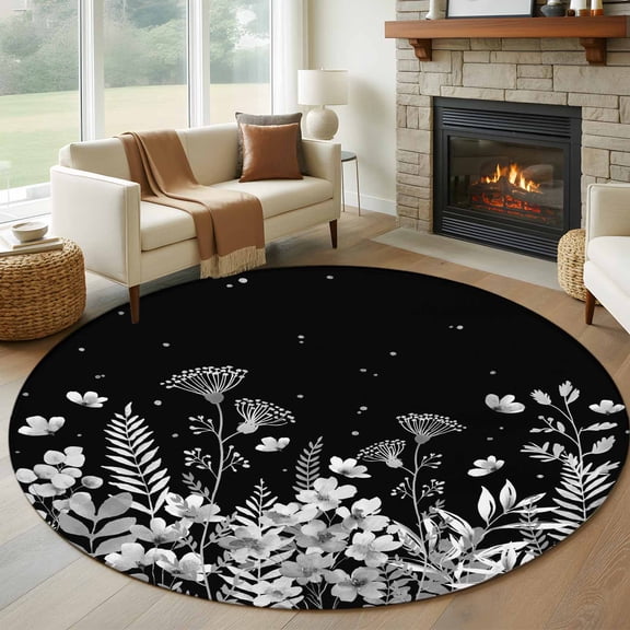 Round Area Rugs Collection 6 Ft, Vintage Floral Non-Slip Residential Carpet, Spring Wildflowers Country Botanical Black Indoor Crawling Mats Runner Rugs for Living Room/Dining Room/Bedroom