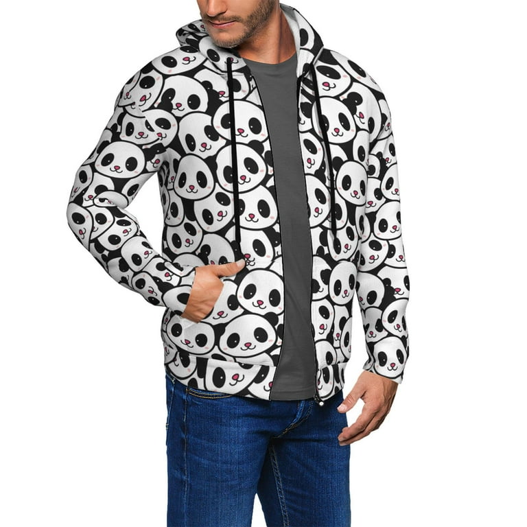 JUNZAN Cute Panda Face Print Men's Zip Up Hoodie Athletic Hoodies