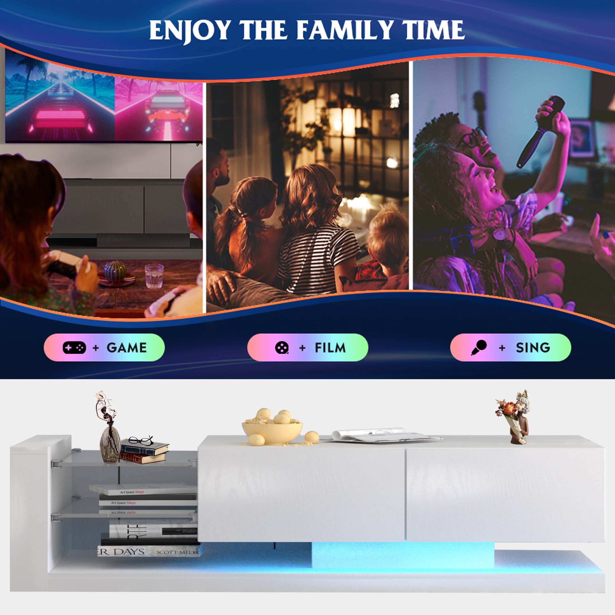 Aukfa Modern TV Stand for TVs up to 75",  TV Console Table, LED Lights, Power Outlets - White
