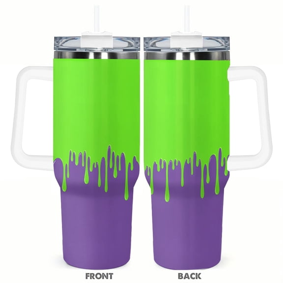 40oz Neon Green Purple Slime Drip Insulated Tumbler with Handle and Straw Travel Cup Car Cup