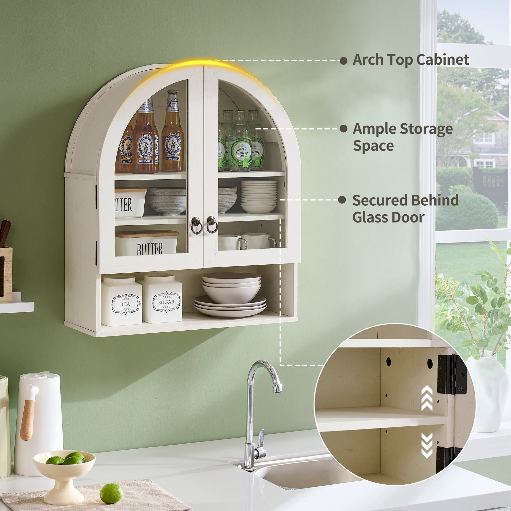 SinCiDo Arched Wall Cabinet Set of 2 with Adjustable Shelves & Glass Doors, White