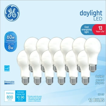 GE Daylight LED Light Bulbs, 60 Watt Eqv, A19 General Purpose, 13 year, 12pk