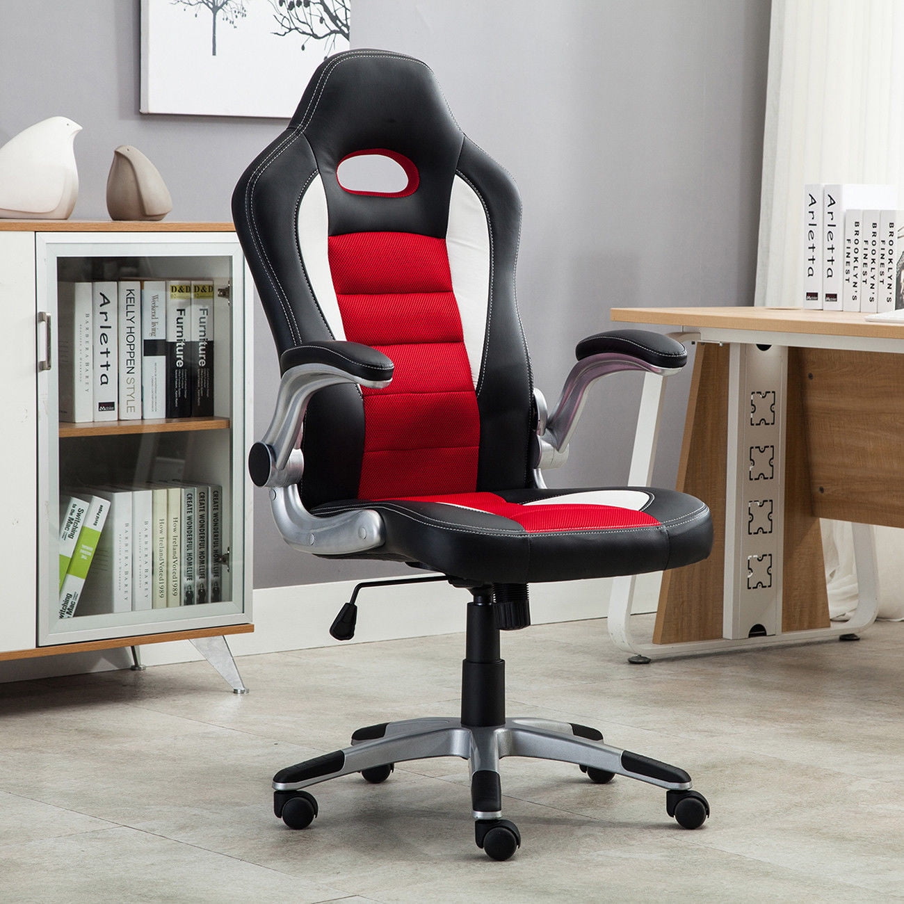 Ghp Red White 18 21 H Pu Leather Mesh Racing Style Executive Office Desk Chair