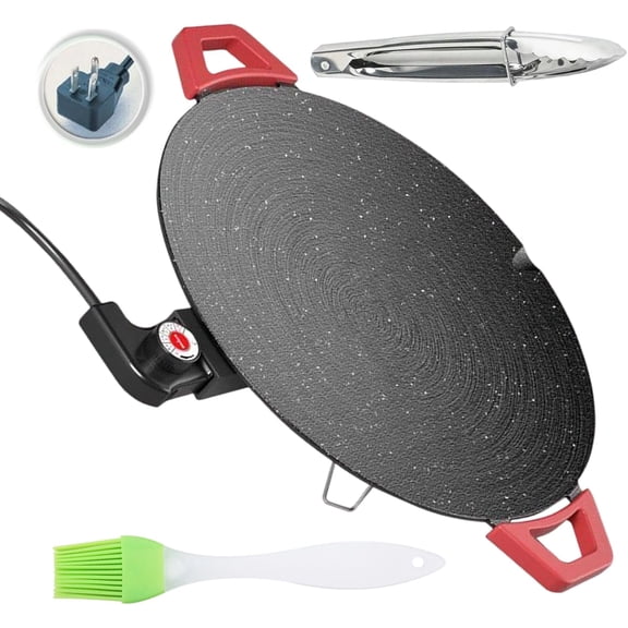 Non-Stick Electric Grill Pan with Temperature Control, Smokeless Indoor Electric Griddle, Portable Round Grill with Oil Brush & Tongs for Family, Camping, Kitchen(1 SET)DSF