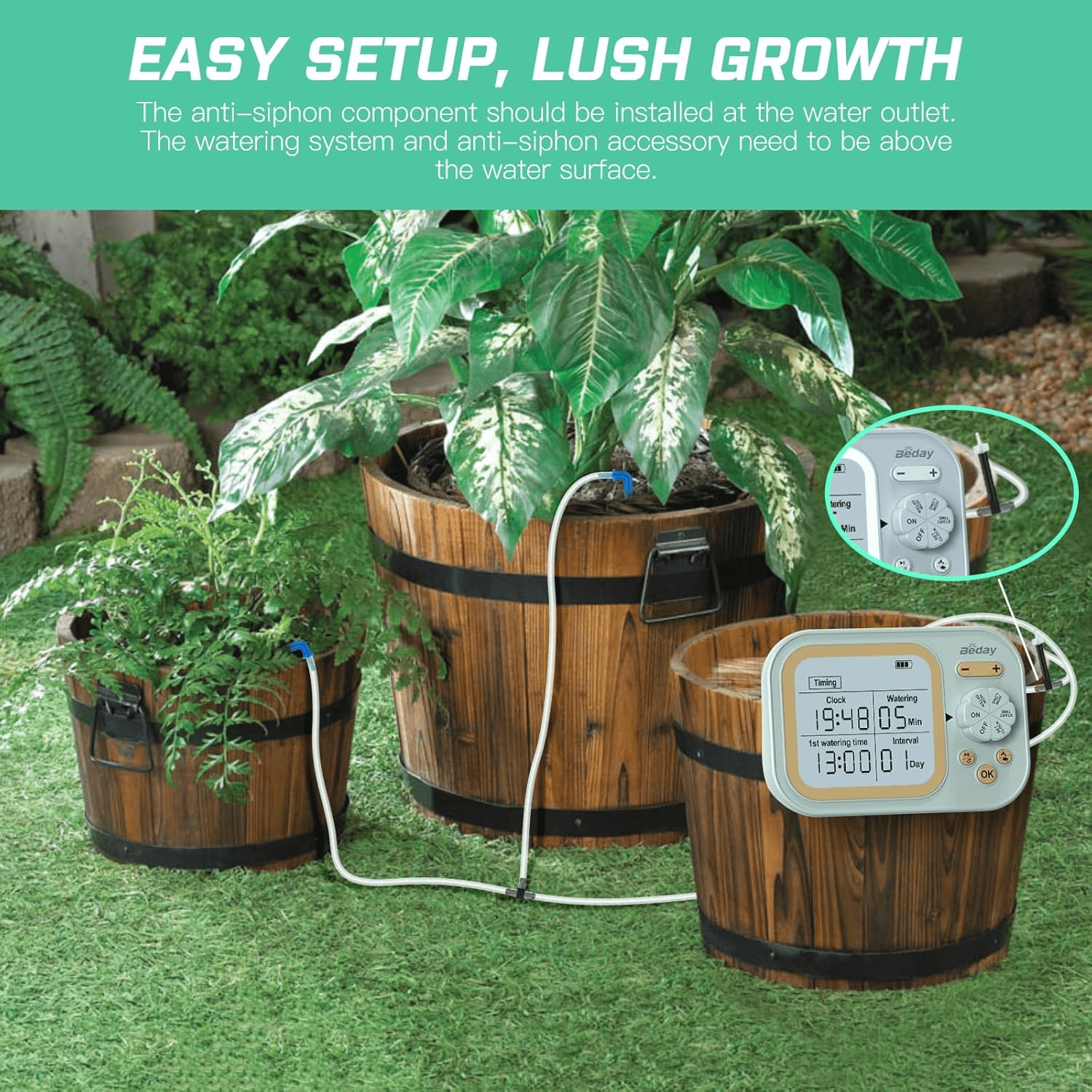 Automatic Plant Waterer Indoor Self Watering System for 15 Potted Plants, Auto Drip Irrigation Kit Programmable Water Timer with Smart Humidity Detection, Green