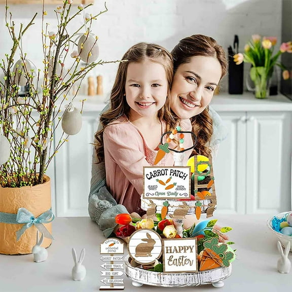 Usbinx Life 13-Piece Easter Layered Tray Carrot Wooden Sign Decor Spring Tiered Tray Set Rustic Painted Mini Signs for Tabletop Shelf Mantel, 13 Wooden Pieces Included