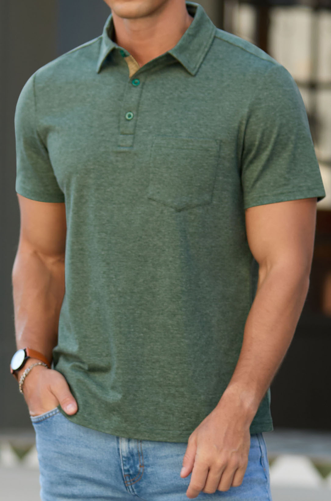 QDG Men's Cotton Polo Shirt with Pocket in Green photo 3