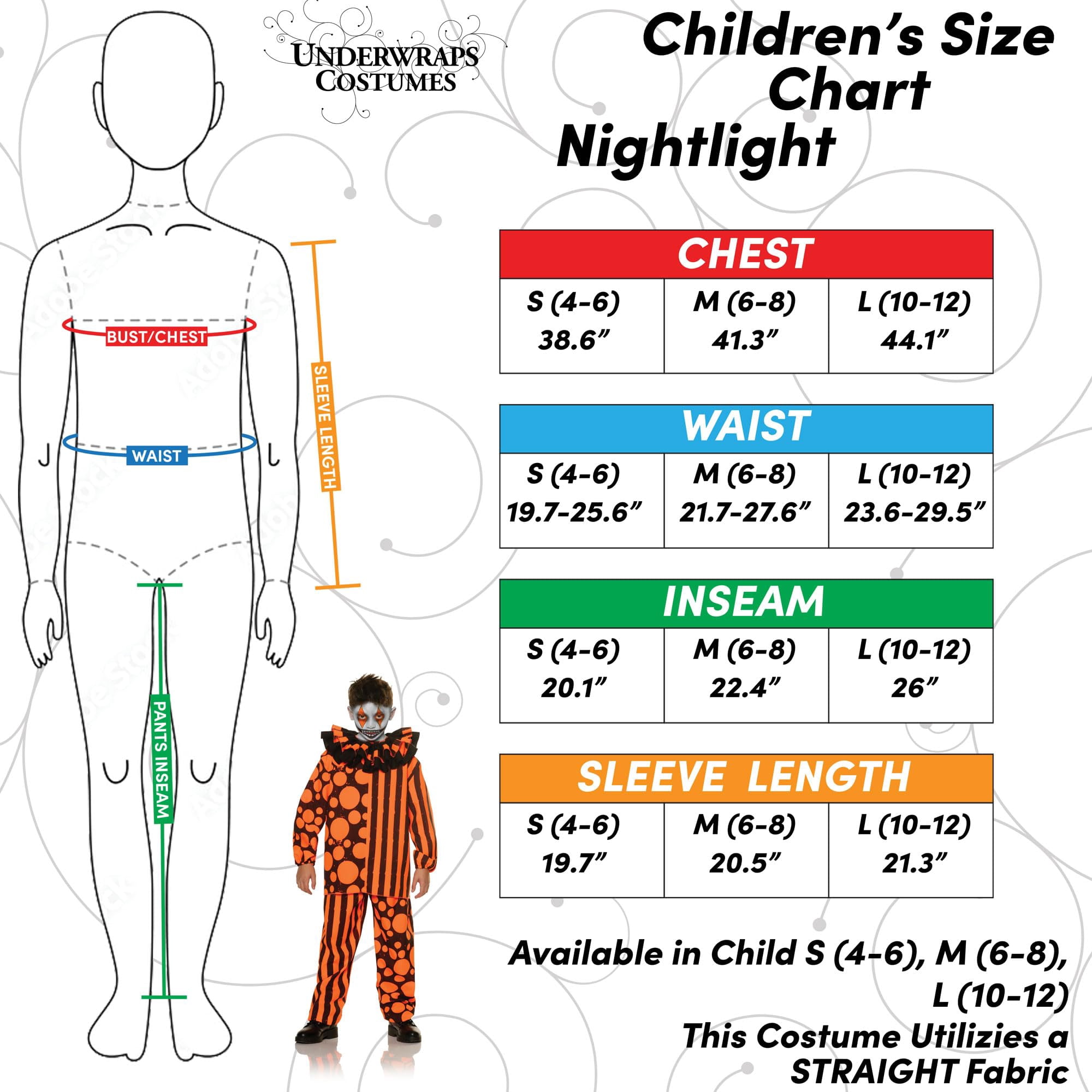 UNDERWRAPS Blacklight Glow Scary Clown Costume - Nightlight Glow in the Dark Kids Halloween Black Light Reactive Clown (Small (4-6))