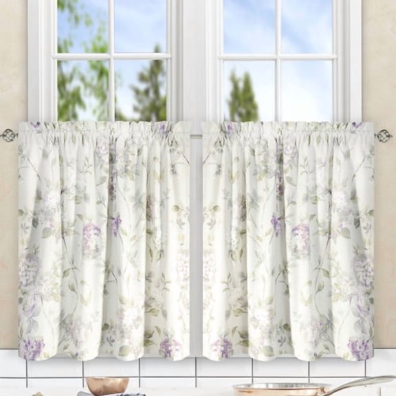 Ellis Curtain Abigail Design Printed Room Darkening 2-Piece Window Rod Pocket Pair Set With 2 Tiers - 56x24" - 56" x 24" Lilac