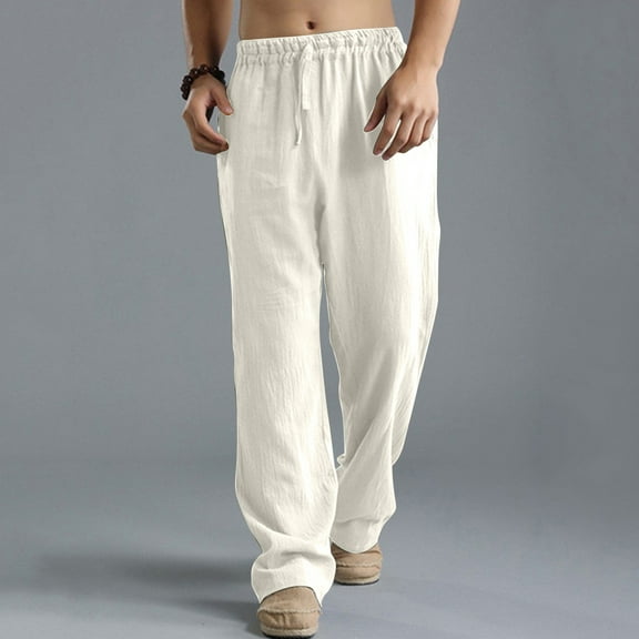 JXMVOJ Mens Cotton Linen Drawstring Pants Elastic Waist Casual Jogger Yoga Pants