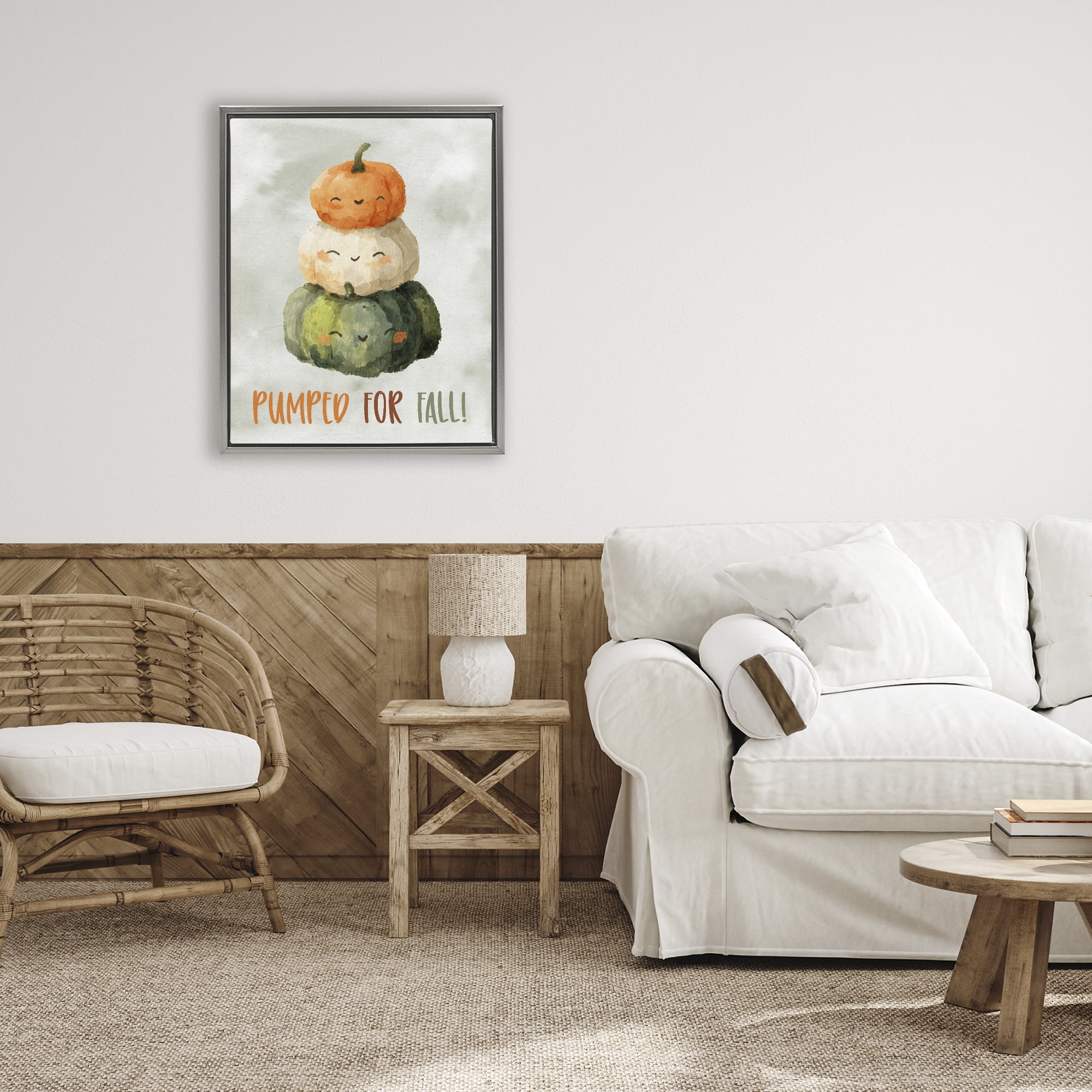 Stupell Industries Smiling Pumpkins Pumped For Fall Gray Framed Floater Canvas Wall Art, design by Ziwei Li