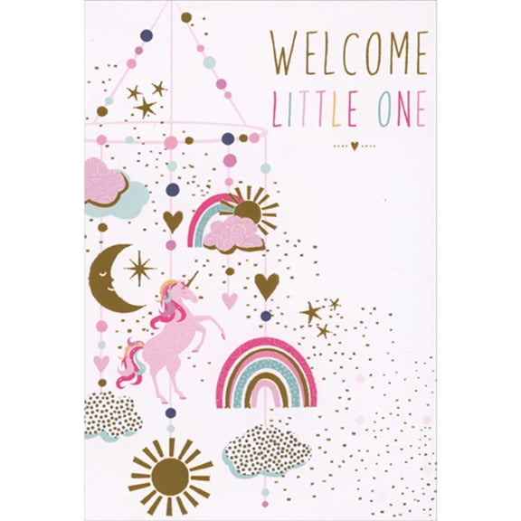 Pictura Welcome Little One: Mobile with Pink Unicorn, Clouds, Rainbows and Hearts Congratulations New Baby Girl Card