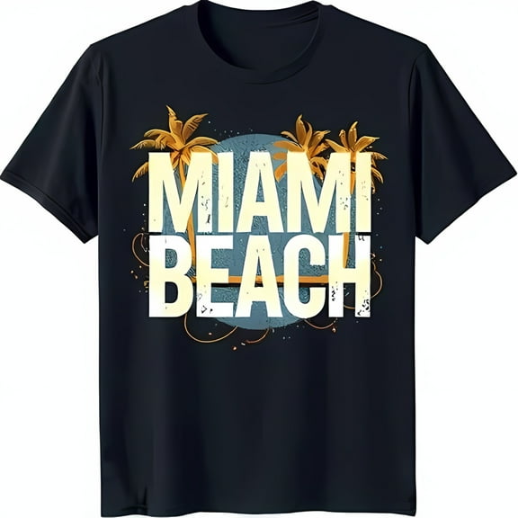 Bold Black T-Shirt with Miami Beach Trees Graphic & Blue Circle Design