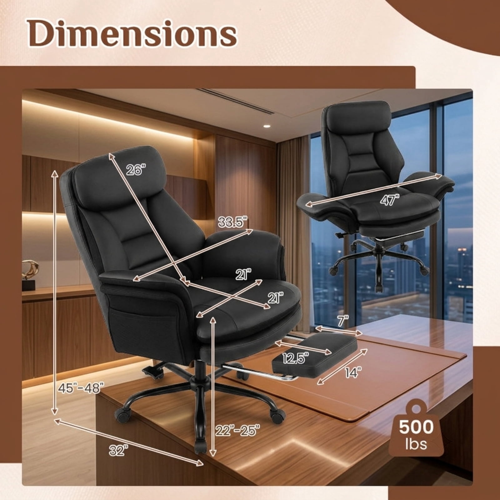 Furnibear Big and Tall Ergonomic Office Chair 400 lbs High Back Wide Faux Leather Computer Chair with Retractable Footrest, Black
