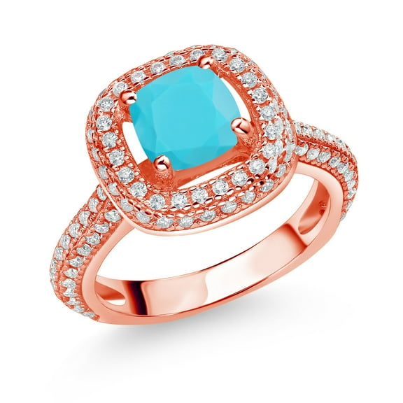 Gem Stone King 18K Rose Gold Plated Silver Green Turquoise and White Moissanite Engagement Ring for Women (1.53 Cttw, Cushion 6MM, Gemstone, Size 8)