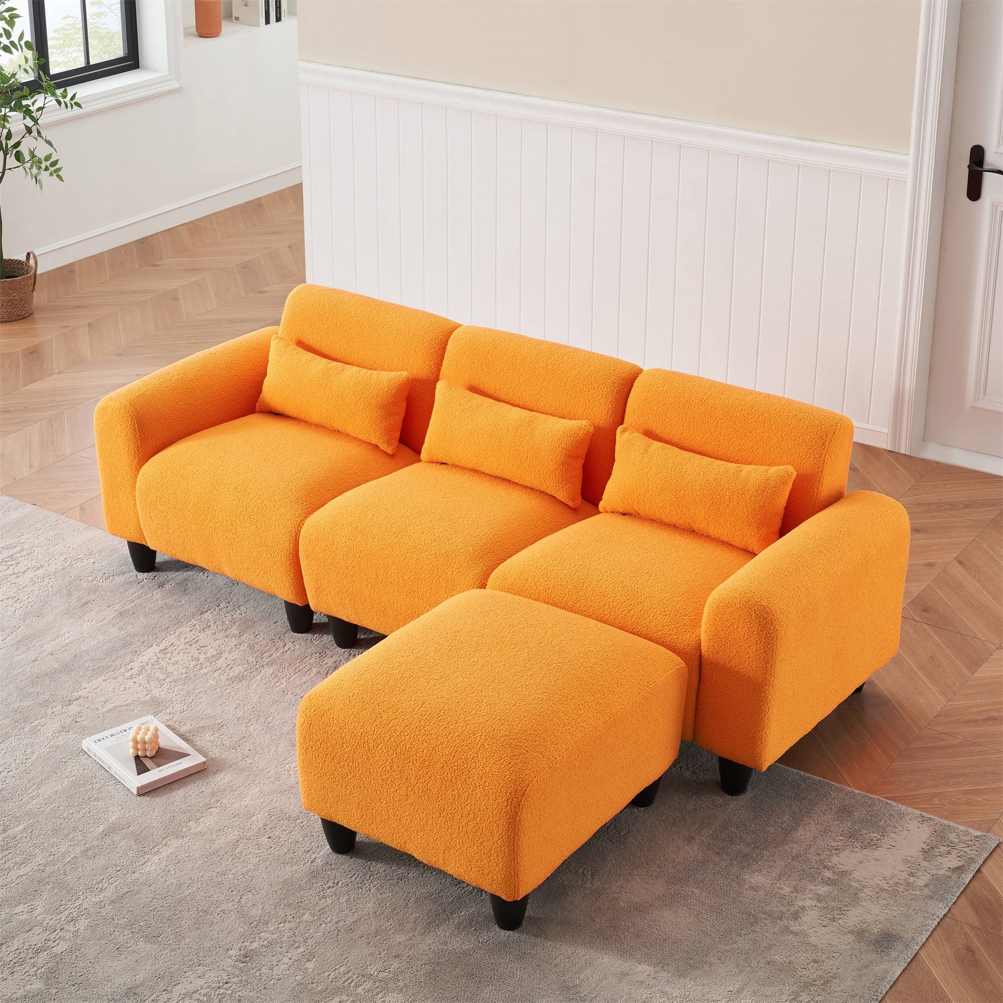 Aukfa Modular Sectional Sofa, Deep Seat Couch Set for Living Room, 3 Pillows, Orange Teddy Fleece