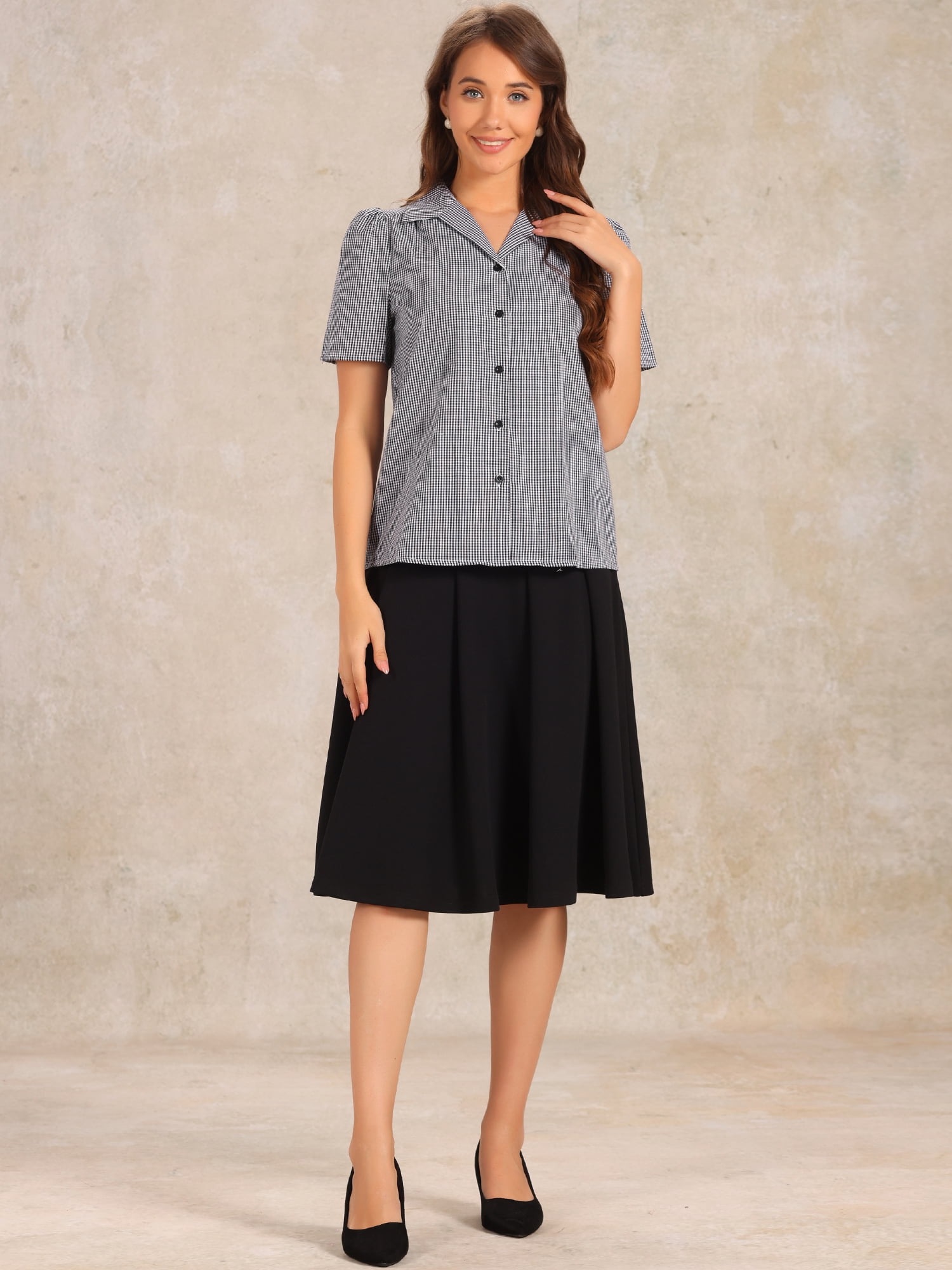 DARING DIVA Women's Plaid Puff Sleeves Gingham Blouse Shirt S Black