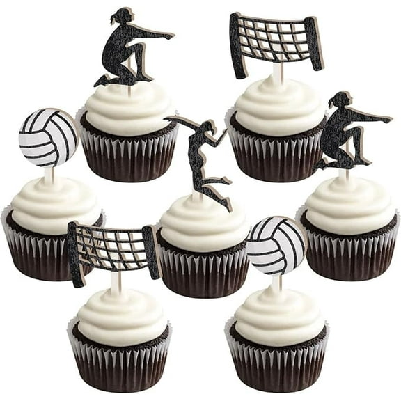 16PCS Volleyball Cupcake Toppers Wooden for Volleyball Party Decorations Birthday Baby Shower Sports Party Supplies