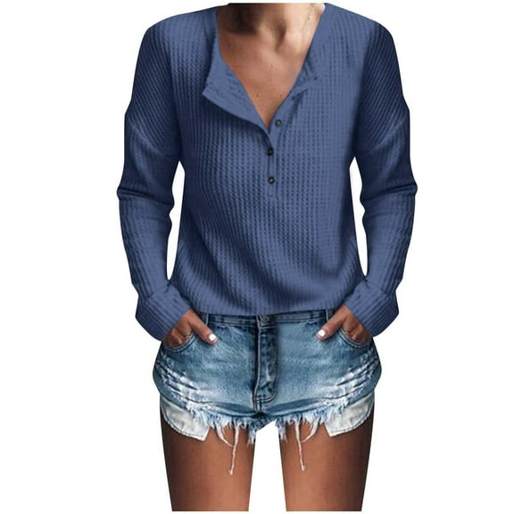 Giftesty Womens Shirts Women's Fashion Loose Women's Button V-Neck Long Sleeve Solid Color Shirt Tops