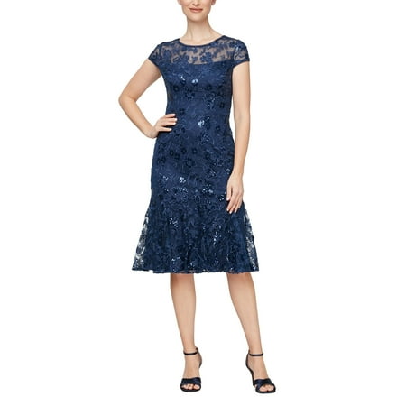 Alex Evenings Short Embroidered Dress with Flounce Detail Skirt and Cap Sleeves (Womens, Navy, 12)
