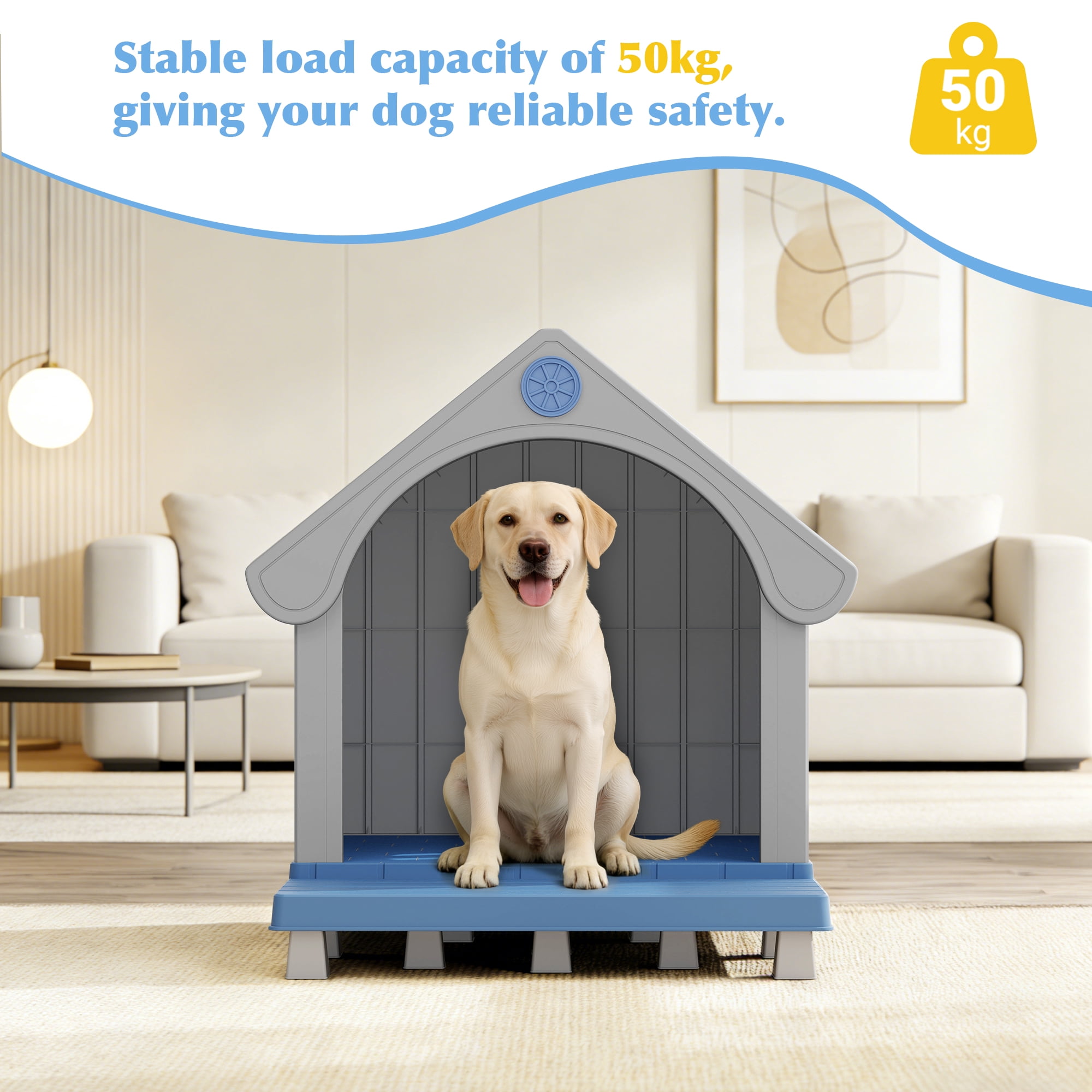 Nihsuao Durable Waterproof Dog House for Small to Medium Dogs, Indoor Outdoor Plastic Kennel with Porch, Sloping Roof & Elevated Floor, Easy Clean, Blue, 32.95"L x 31.5"W x 37.88"H