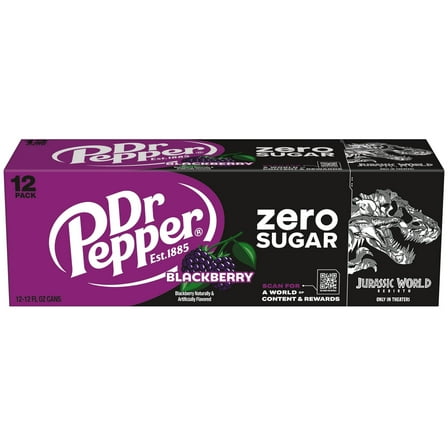 Dr Pepper Blackberry Zero Sugar Soda Pop, 12 fl oz, 12 Pack Cans, Jurassic World Rebirth Limited Edition
