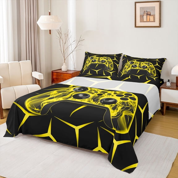 Castle Fairy Boys Girls Video Game Twin Sheet Sets,Abstract Geometric Gamepads Bedding