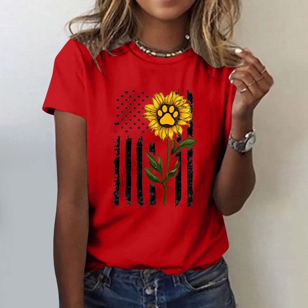 Fiudx Ofertas Del Día Mujer Casual Verano Impresión Manga Corta Cuello Redondo Suelta Camiseta Blusa Tops