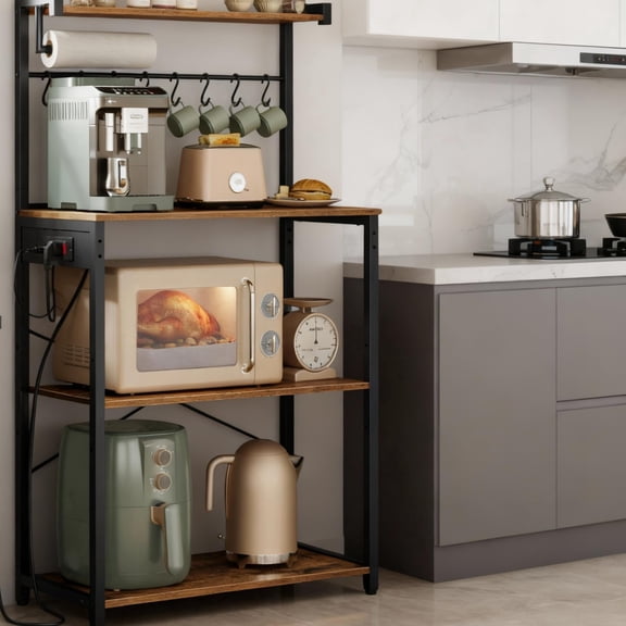 LEDREM 4-Tier Kitchen Bakers Rack with Power Outlet, 31.5-Inch Wide Coffee Bar and Microwave Stand with Adjustable Shelf, Rustic Brown and Ink Black