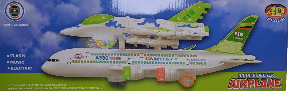 Kids Double -Decker Airplane Toy with Attached F16 Fighters Airplane , Flashing 4D Lights and Sounds, Bump & Go Action
