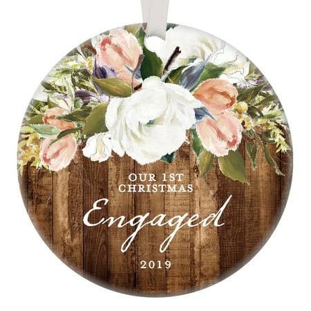 Rustic Engagement Ornament, 2019 First Christmas Engaged Gift for Couple Getting Married Modern Farmhouse Floral Present 3
