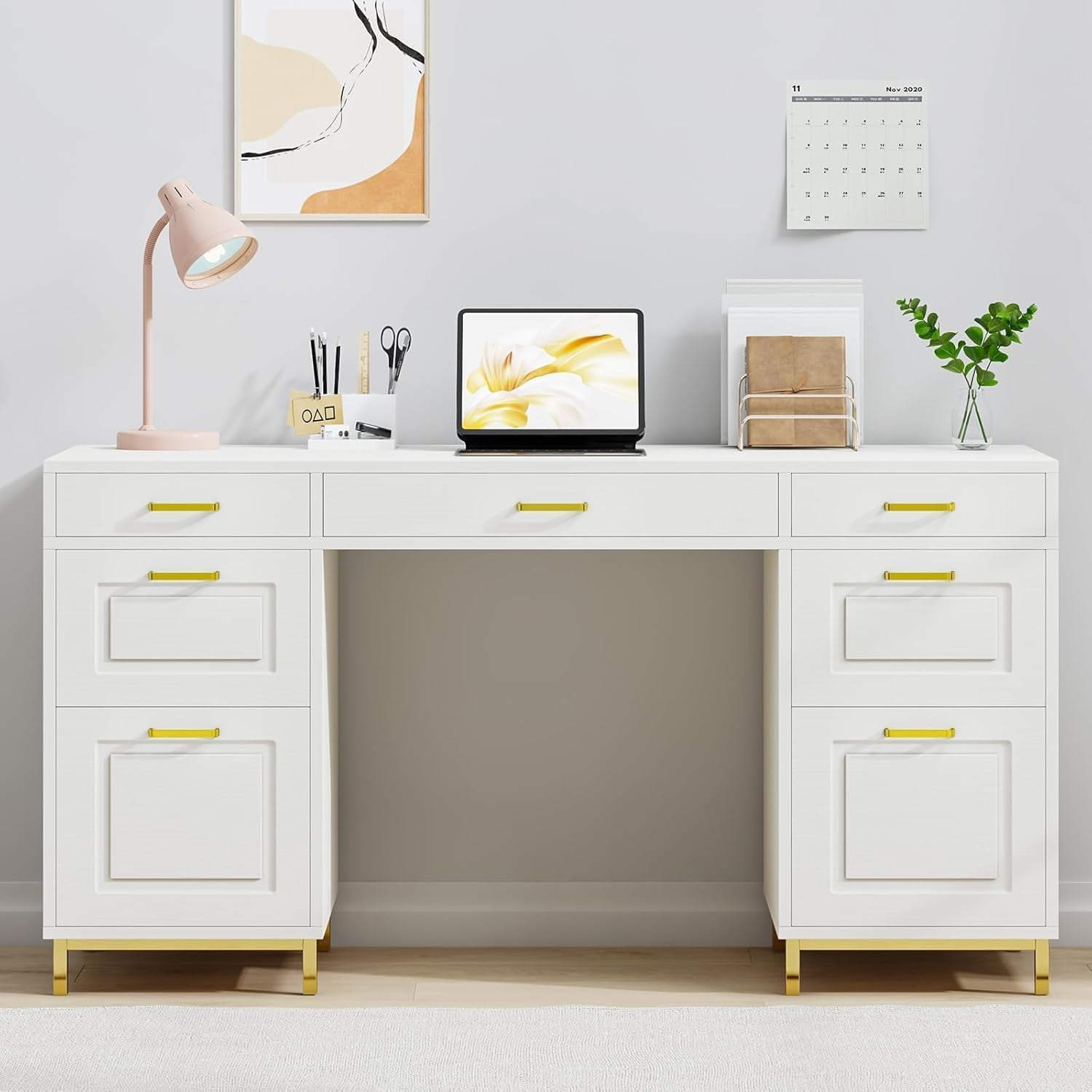 DreamCurship 57" Computer Desk with Storage, White and Gold with 7 Drawers, Executive Desk with File Drawers, Home Office Desk for Home Office, White and Gold