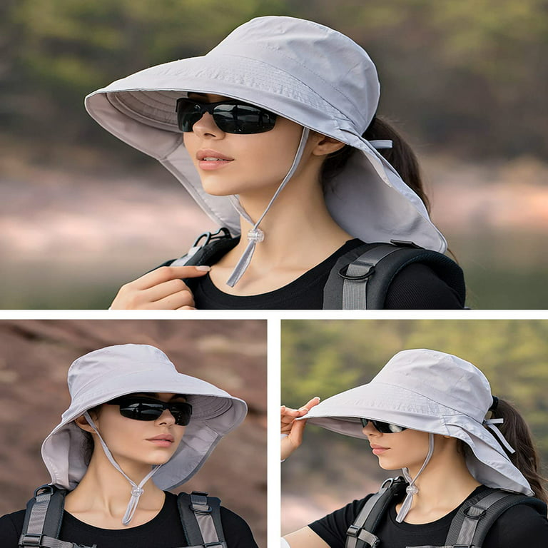 Women's Wide Brim Sun Hat with Neck Flap, UPF 50+ Hiking Hunting Fishing Hat/Light  Grey 