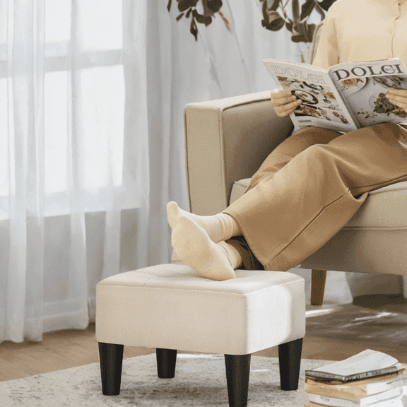 LEDREM Small Ottoman Foot Stool with Thick Cushion, Footrest with Sturdy Angled Legs for Living Room, Bedroom, Entryway, Cream White