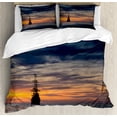 thumbnail image 1 of Pirate Ship King Size Duvet Cover Set, Old Sailboat in Majestic Sunset Scenery Tropical Waters Maritime, Decorative 3 Piece Bedding Set with 2 Pillow Shams, Dark Blue Salmon Black, by Ambesonne, 1 of 3