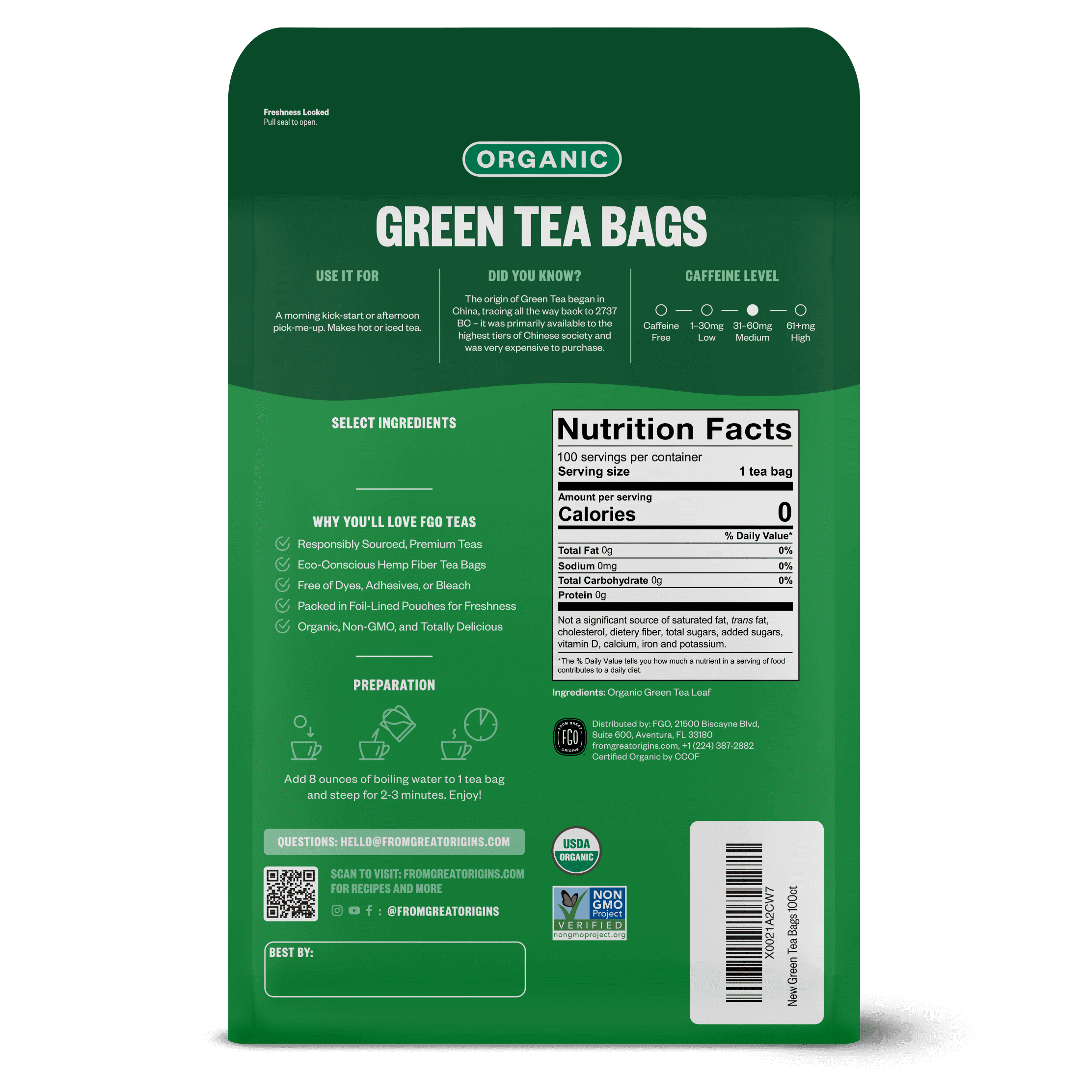 FGO Green Tea, Organic, Eco-Conscious Tea Bags (100 Count)